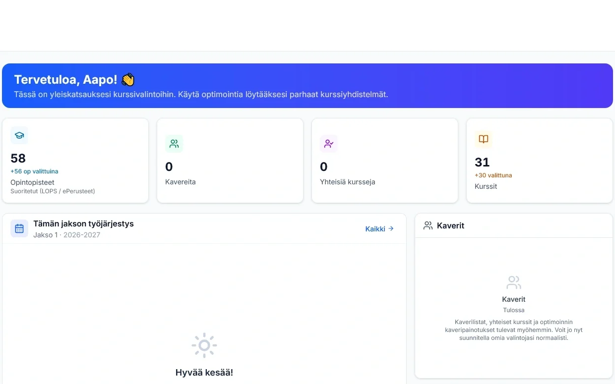The KurssiSysteemi dashboard: a sidebar of planning tools beside credit and course counters for the current student.