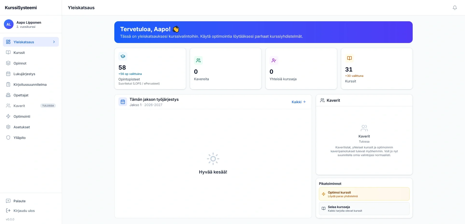 The KurssiSysteemi dashboard: a sidebar of planning tools beside credit and course counters for the current student.