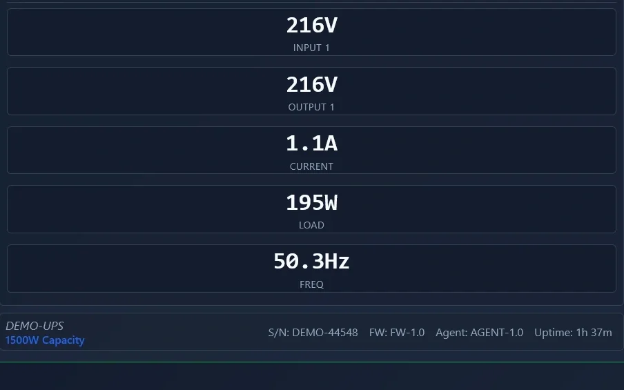 The live readings for one monitored power supply in UPS Status: 216 V in and out, 1.1 A of current, a 195 W load and 50.3 Hz, each in its own panel.