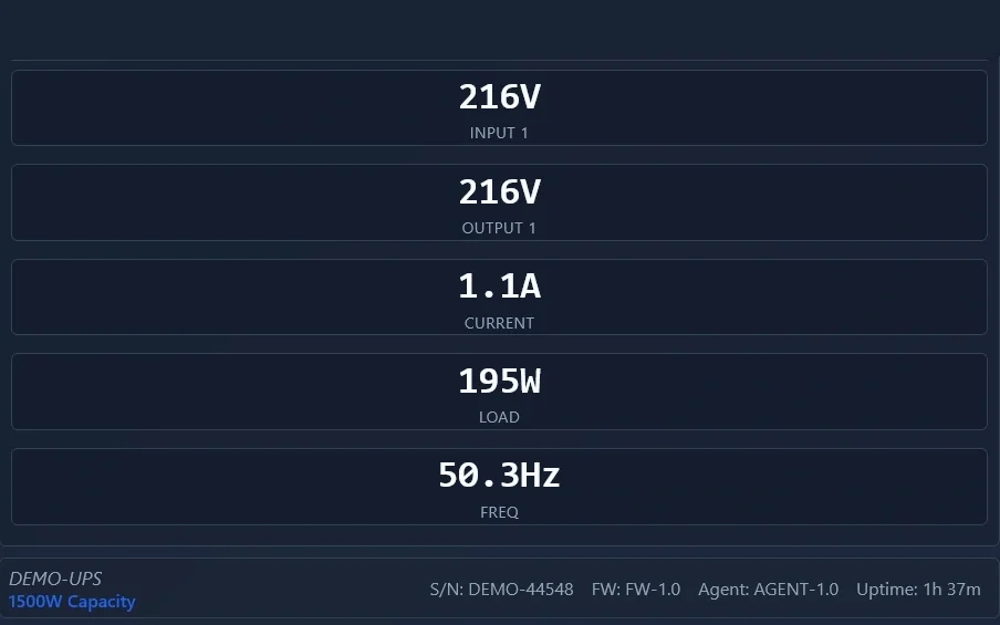 The live readings for one monitored power supply in UPS Status: 216 V in and out, 1.1 A of current, a 195 W load and 50.3 Hz, each in its own panel.